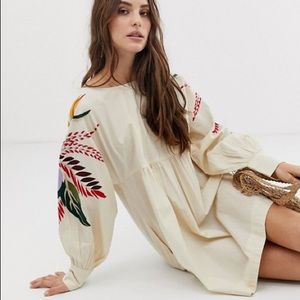 Free People Mini Obsessions embroidered mutton sleeve cream floral smock dress